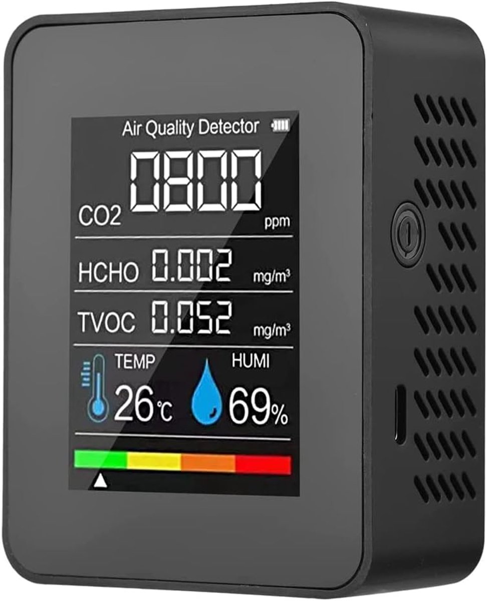 Luchtkwaliteit Monitor - CO2 Meter - Gezond Binnenklimaat - 5-in-1 Functie - 90x70x35mm - Zwart