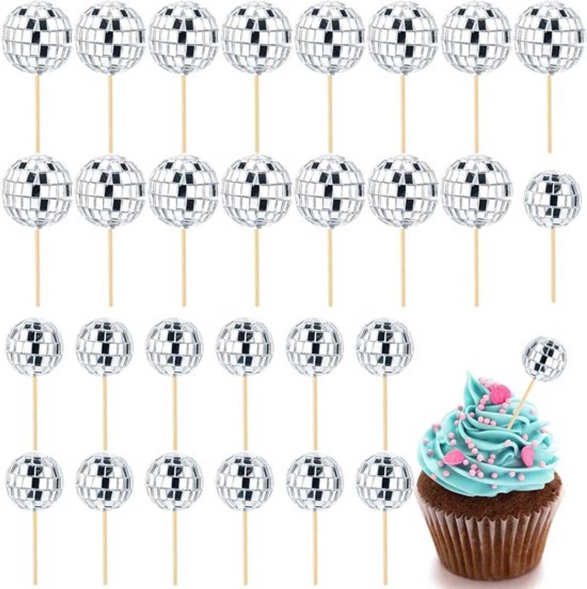 Disco ball cupcake toppers voor discoreën (30 stuk)