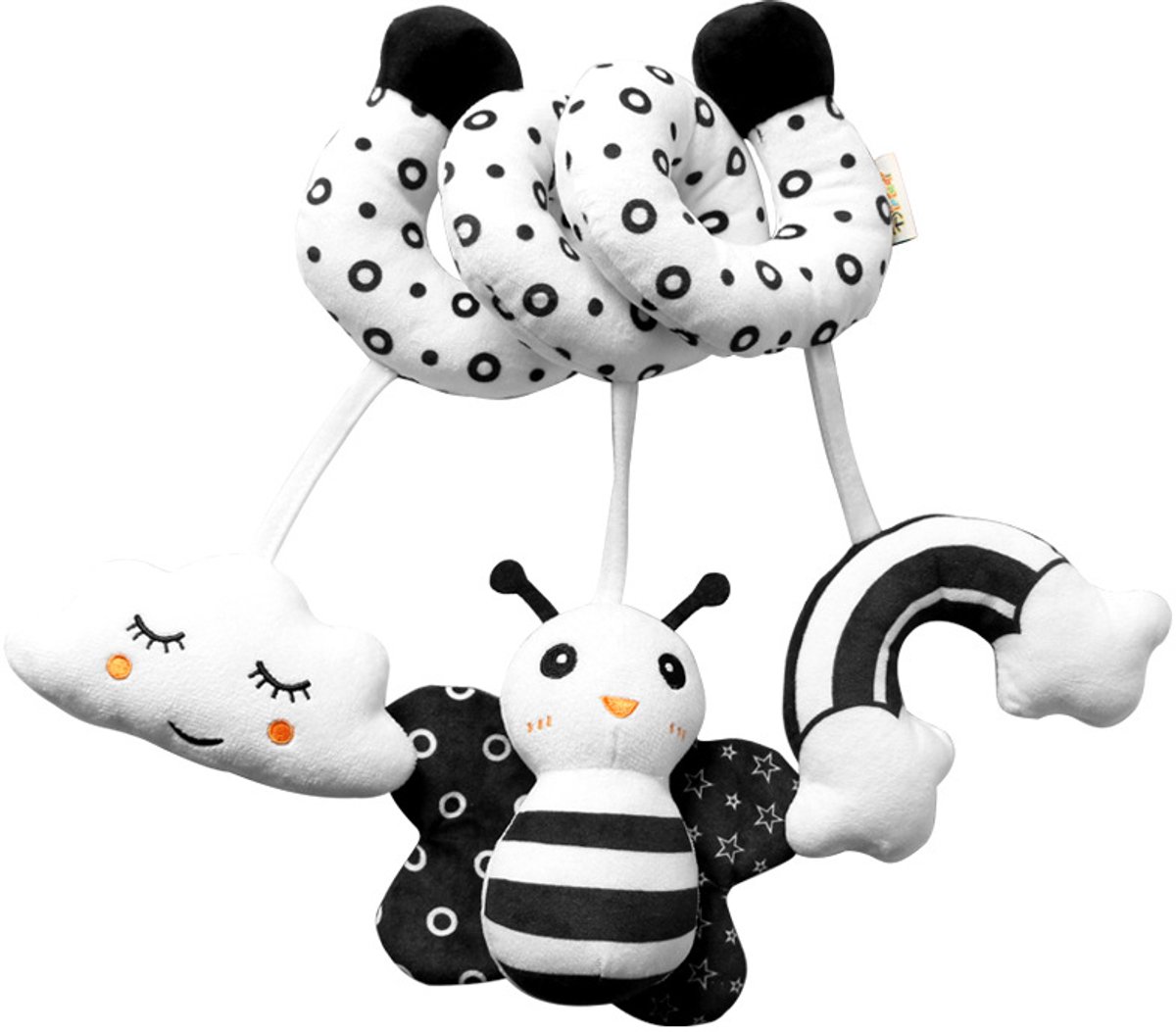 COOAU - Boxspiraal Baby Speelgoed - Pluchen Knuffel met Rammelaar voor Kinderwagen, Autostoel & Buggy - Sensorisch Speelgoed voor Baby's van 0-6 Maanden - Unisex - Zacht & Veilig - Zwart-witte bijen