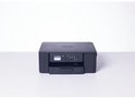 Zwarte Brother multifunctionele printer met bedieningspaneel en display, staand op een witte ondergrond.
