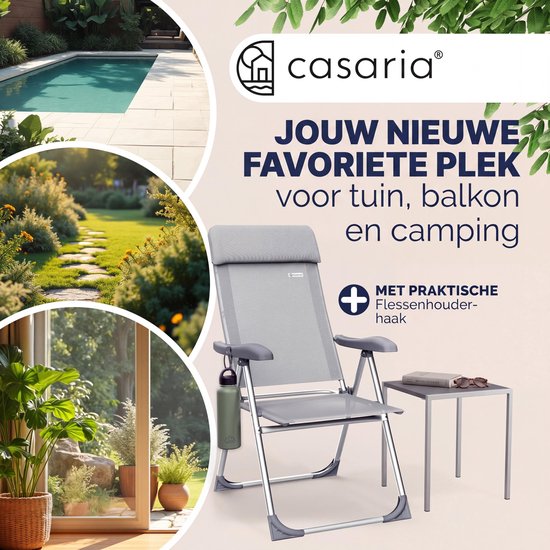 Grijze Casaria tuinstoel met flessenhouder, ideaal voor tuin, balkon en camping.