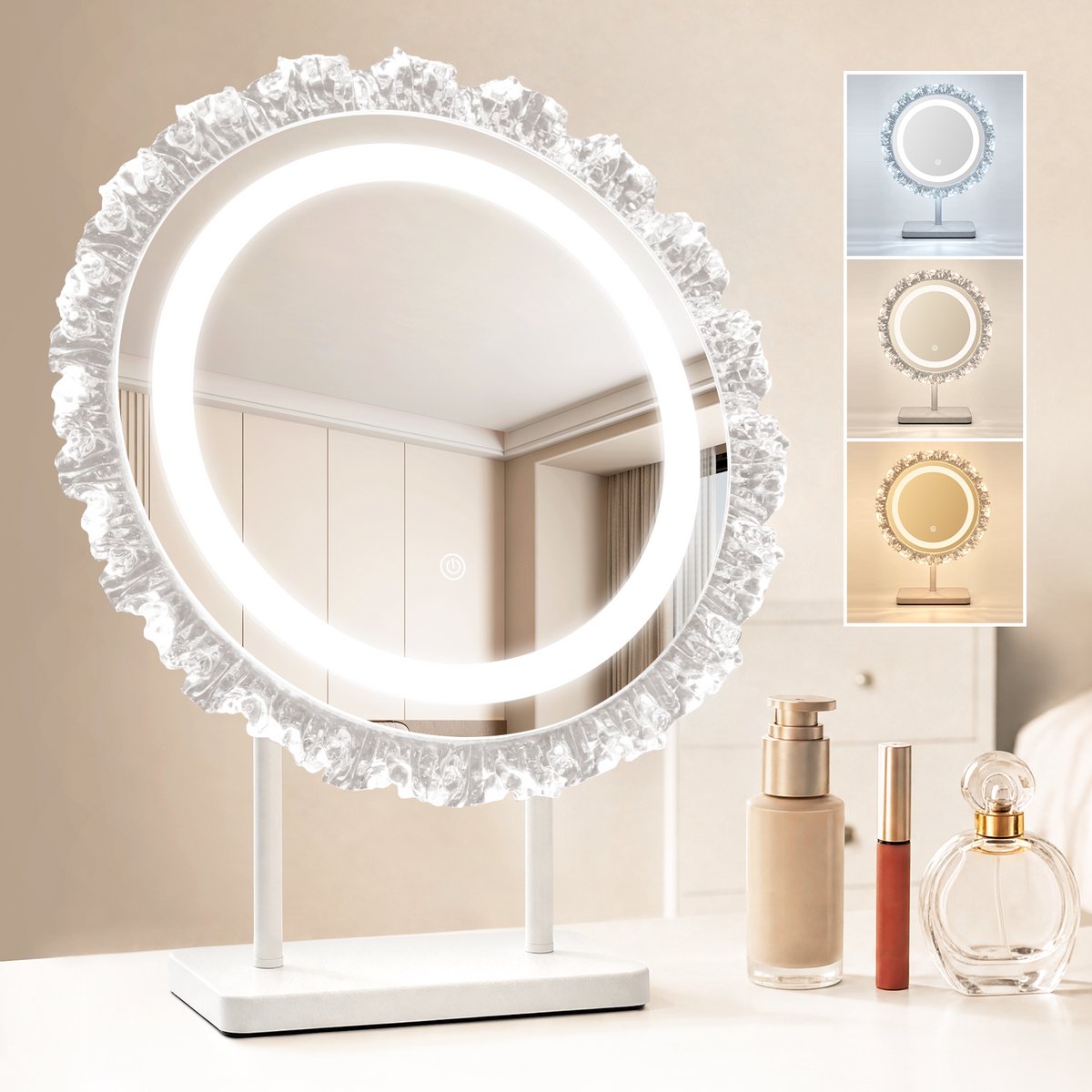 NETTLIFE Ronde Schminkspiegel met Verlichting - LED Make-up Spiegel - 40x48 cm - Tafelspiegel - Kosmetiekspiegel - voor Badkamer | Slaapkamer | Kleedkamer