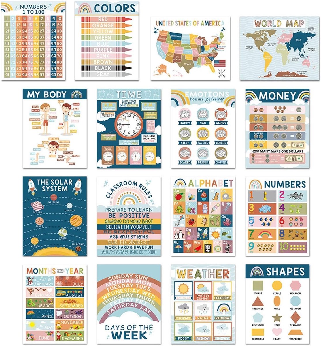 Engelse Leerposters - Educatieve Muurposters - Klaslokaal Inrichten - Vormvast Canvas - 16 Stuks - Multicolor