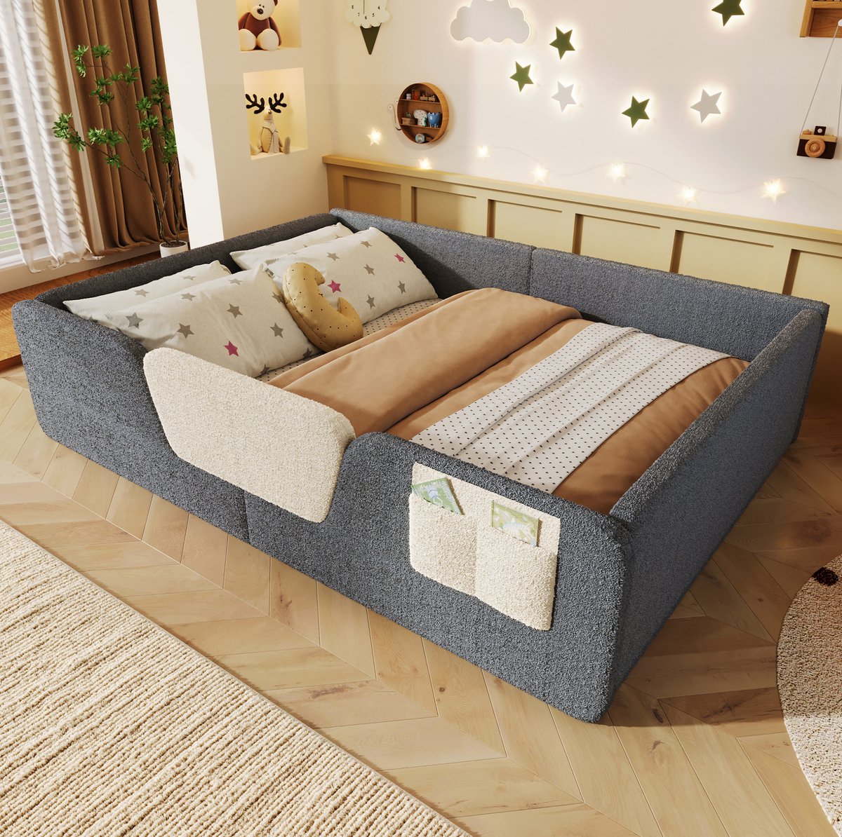 MEUNIQ Kinderbed 140 x 190 cm met afneembare veiligheidshekken, stoffen opbergtas en velours bekleding, zonder matras, grijs voor kinderkamer