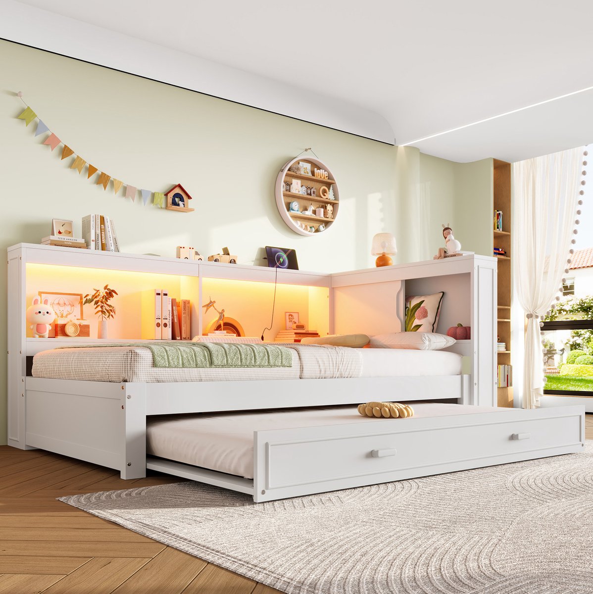 MEUNIQ slaapbank daybed 90 x 200 cm met uitrolbed, LED-verlichting, stopcontact, USB en Type-C, opbergvakken, zonder matras, wit