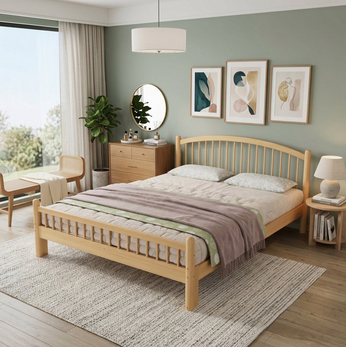 MEUNIQ houten bedframe 140x200 cm met lattenbodem en spijlen hoofdbord, normaal bed voor slaapkamer of logeerkamer, beige en naturel