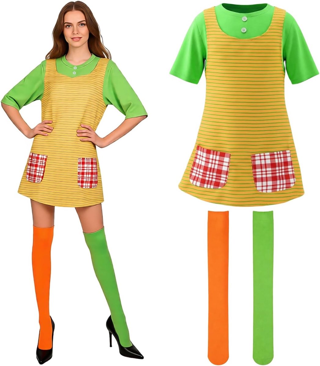 Kleurrijk dames carnavalskostuum met jurk en kousen, ideale verkleedset voor feesten en evenementen