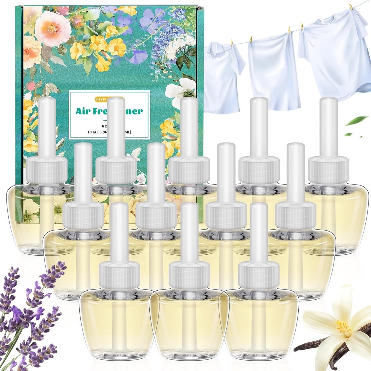 Refill voor geurige olie, 12 x 18 ml, Lavendel, Linnen, Vanille, Luchtverfrisser, Kamergeur, Aromatherapie