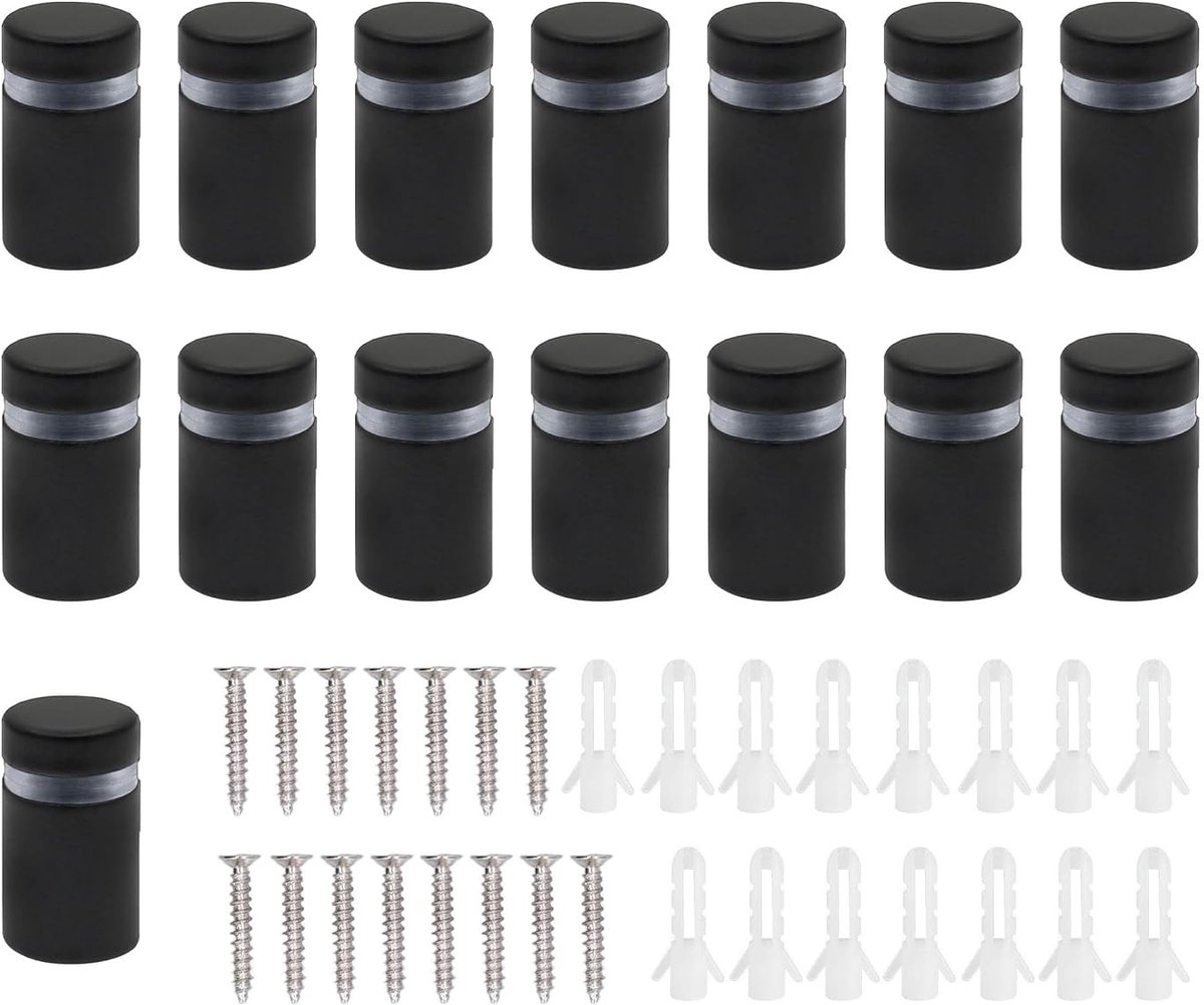 Pack van 15 RVS Advertentie Schroeven voor Glas, Standoffs voor Borden en Displays, Zwart (12x20mm)