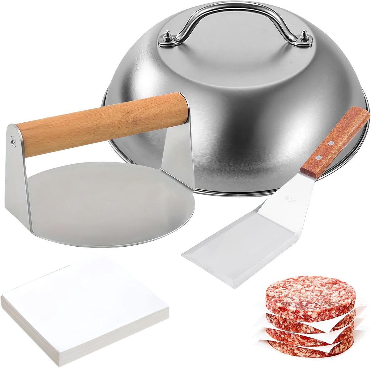 Burgerpers Set - Grill Gereedschap - Professioneel Grillen - 304 Roestvrij Staal - 14 cm Pers - Zilverkleurig