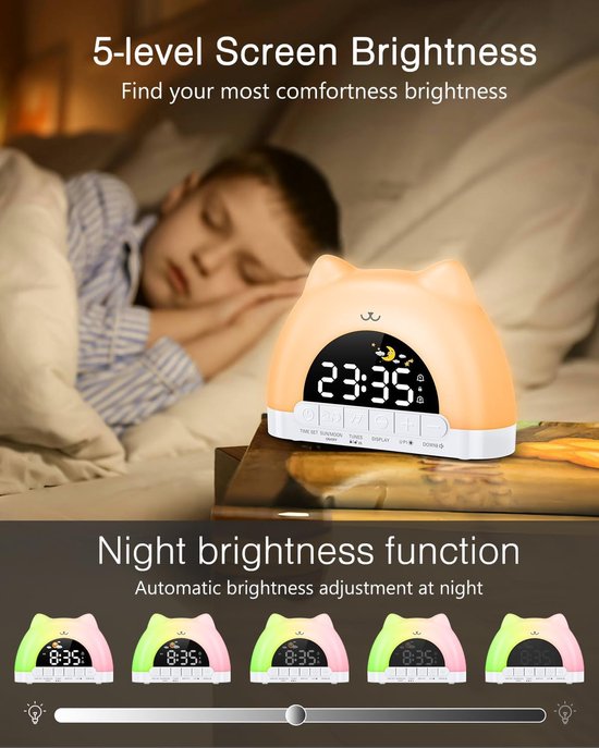 Kinderwekker Digitaal - Slaaptrainer Kinderklok - Kind Wakker Maken - Zonsopgang Simulatie - 11 Kleuren Nachtlicht - Meerkleurig — afbeelding 5