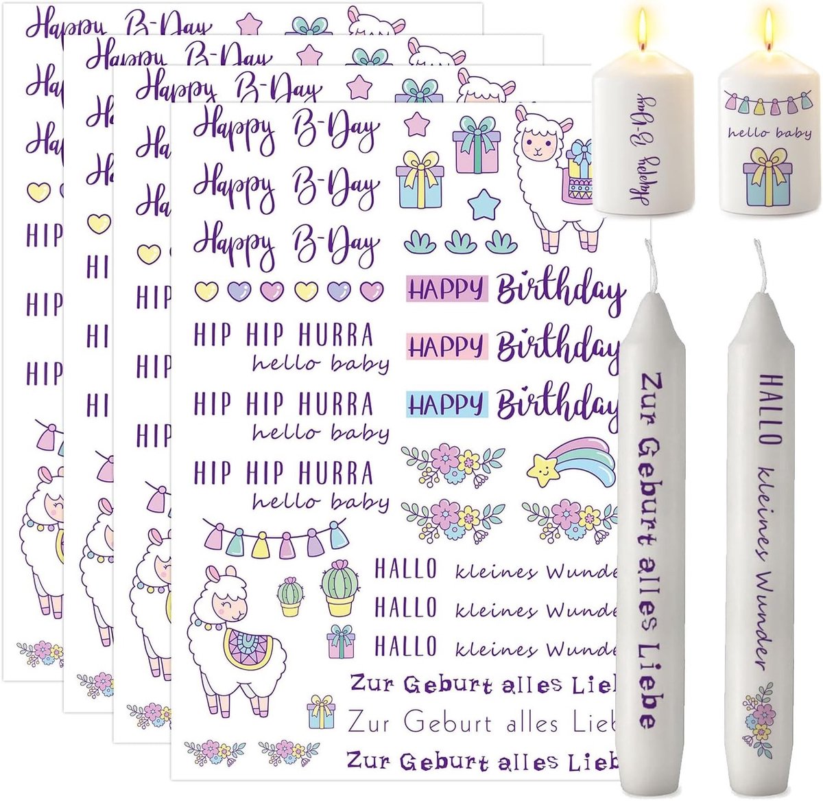 Set van 4 Verjaardagscadeau Kaars Tattoos A5 - Foil Water Transfer Stickers voor Kaarsen, DIY Decoratie en Kaarsenhouder Accessoires