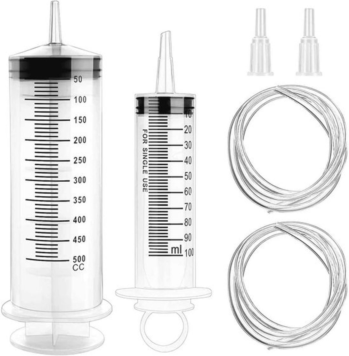 Herbruikbare kunststof spuit 500 ml & 100 ml met buisjes - voor vloeistofmeting, dierenvoeding en plantenirrigatie