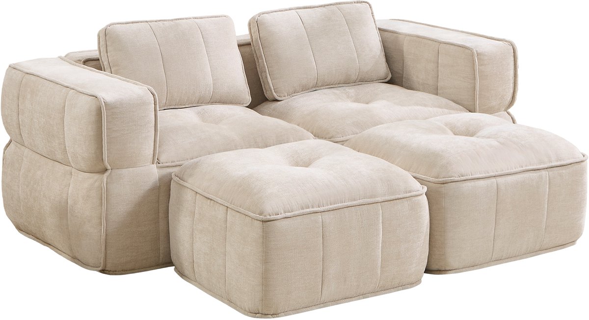 HAUSS SPOLE Set Bank - Modulaire 2-Zitsbank Met 2 Hockers - Diepe Zitting En 32D Schuim - Voor Woonkamer En Appartement - Polyester Beige