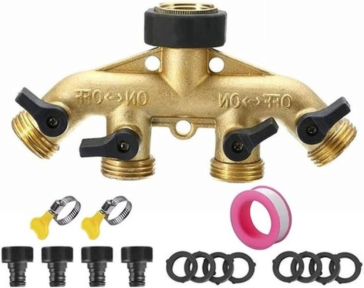4-weg messing waterafsluiter voor tuinirrigatie, 3/4 inch en 1/2 inch kraanverdeler, duurzame slangconnector en accessoires voor buitengebruik
