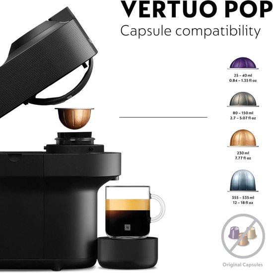 Zwarte Nespresso Vertuo Pop koffiemachine met open capsulehouder en illustraties van capsulecompatibiliteit.