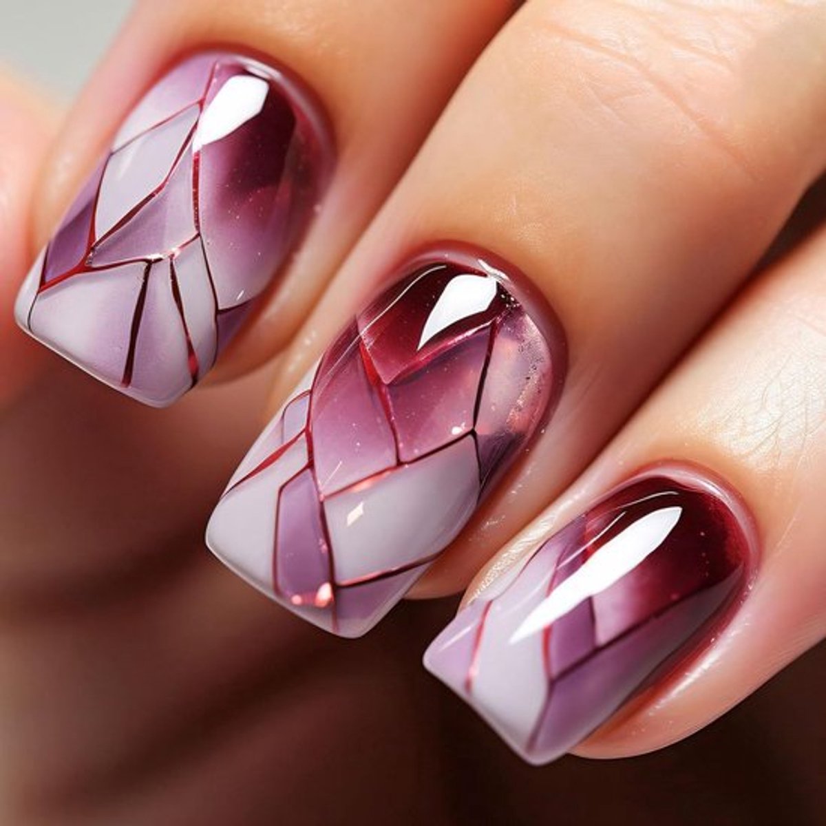 24 stuks Vierkante press-on nagels - medium glanzende volledige dekking - nepnagels - wijnrood gebroken glas patroon - vierkante plaknagels