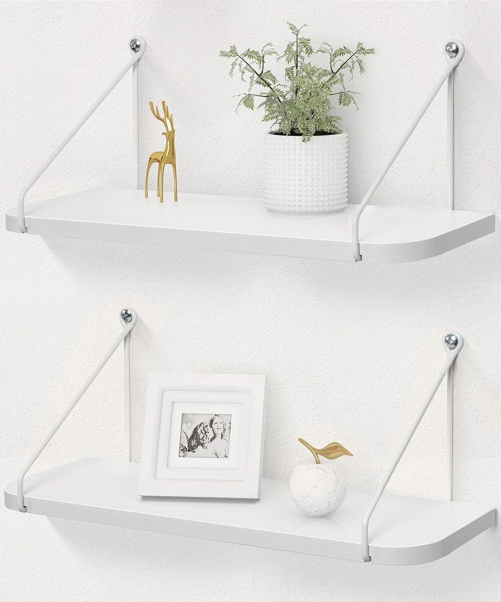 Witte Wandplank van Hout, 42 cm met Metalen Beugels, Set van 2 | Decoratieve en Functionele Planken voor Woonkamer, Opslag en Interieurstyling