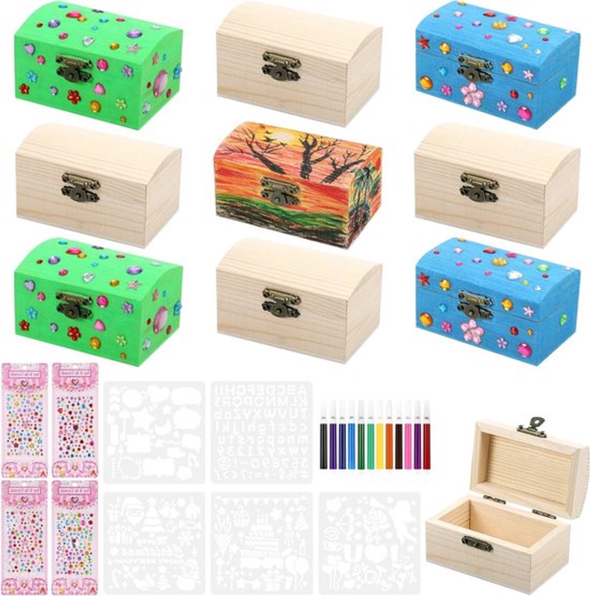 10 Stuks Houten Dozen voor Creatief Knutselen, Schatkist voor Kinderen, DIY Craft Box, Cadeau-ideeën voor Meisjes, Kleine Houten Dozen met Scharnierdeksel, Kunst en Ambachten voor Kinderen