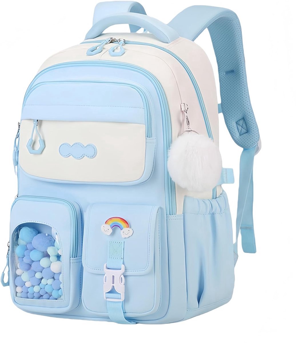 Schattig Meisjes Rugzak - Kawaii Kinderrugzak - Lichtgewicht Ergonomische Grote Capaciteit Schooltas met Pluizige Hanger - Dagrugzak voor Meisjes Reizen en Dagelijks Gebruik