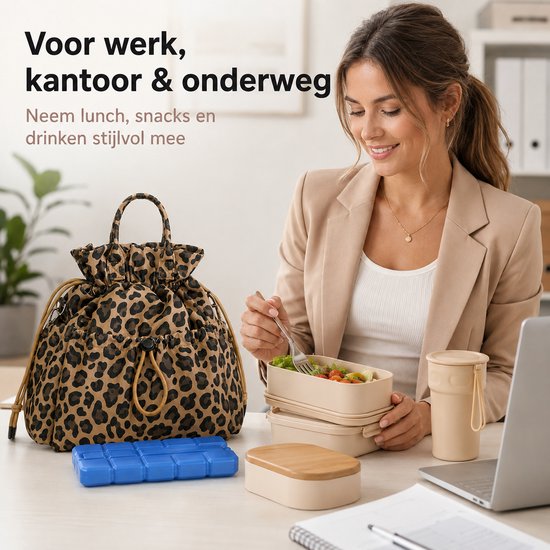 VHV - Koeltas - Geïsoleerde Lunchtas Dames - Geïsoleerde koeltas - - lunchpakket set 2 koelelementen - 25x13x32cm - Voor Werk, Kantoor, Picknick en Reizen - Luipaardprint van Vhv — afbeelding 4