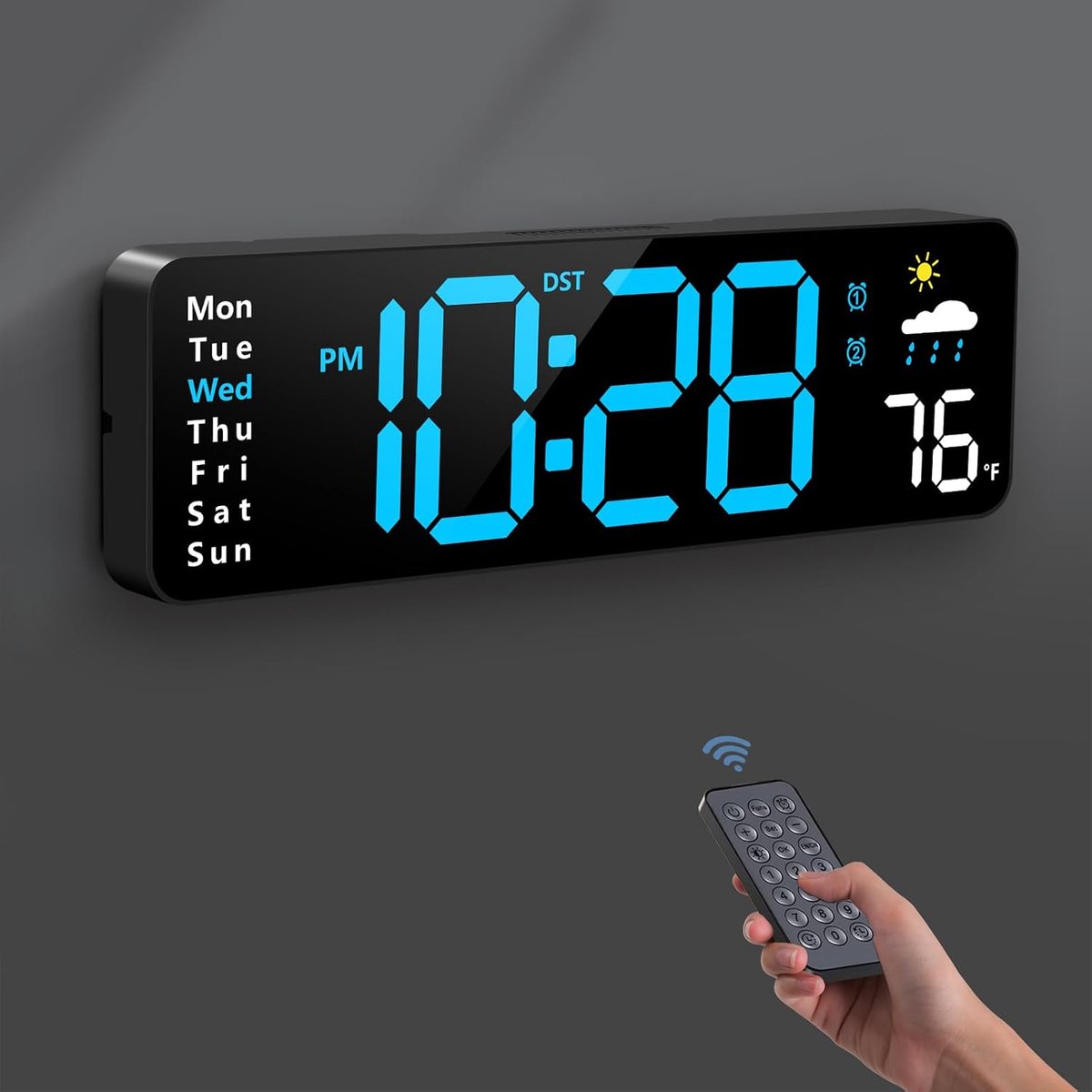 Digitale wandklok - groot LED-scherm met afstandsbediening - toont datum, temperatuur en vochtigheid - voor woonkamer, slaapkamer en klaslokaal - multifunctionele elektronische klok - voor thuis- en kantoorgebruikers - blauw - one size - 1 stuk