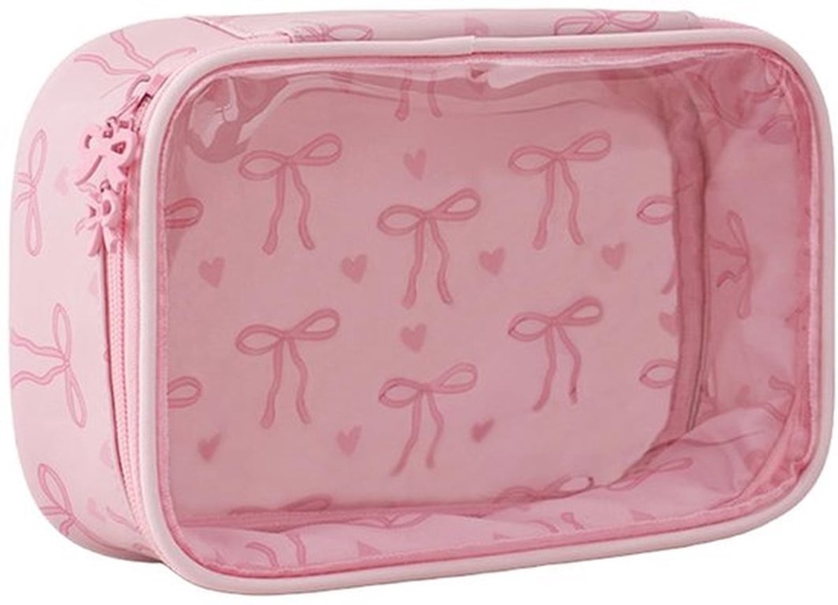 Schminktas Transparant met Roze Strik - Cosmetische Tas Klein - Toilettas - Handtas - Cadeau Idee voor Vriendin - Romantisch Ontwerp - Cosmetica Tas