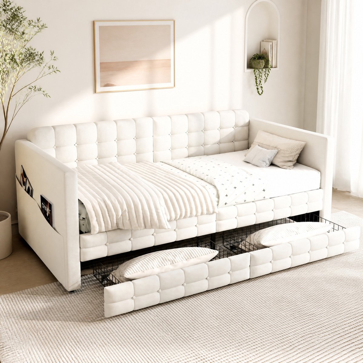 Gestoffeerd Bed 90x190cm – Slaapbank Met Opbergruimte En Lattenbodem – Voor Volwassenen – Fluweel – Beige Zonder Matras