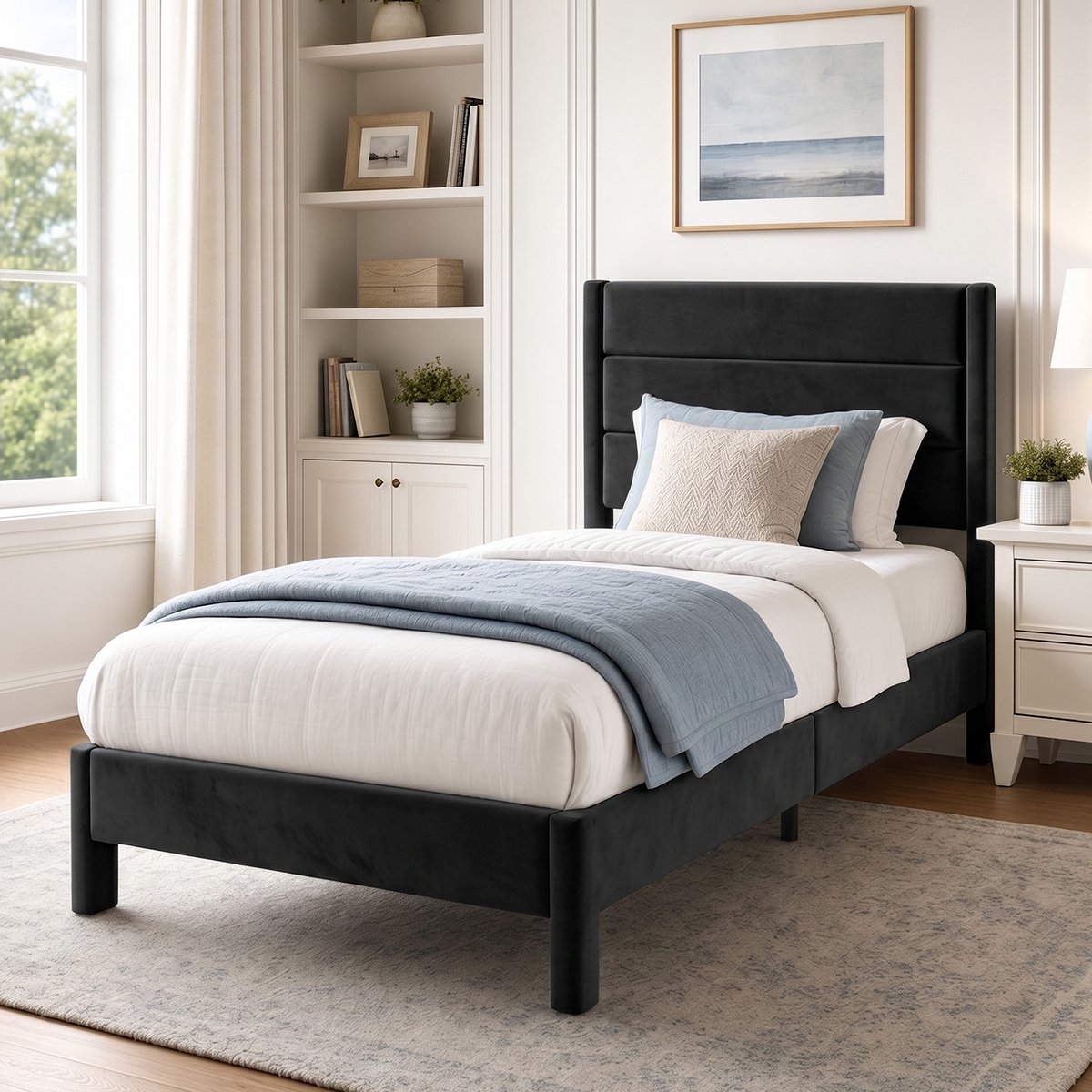 KUTAS 1 Persoons Bed 90 x 200 cm - Gestoffeerd Bedframe - Metalen Frame - Houten Lattenbodem - 300 kg Draagvermogen - Zwart