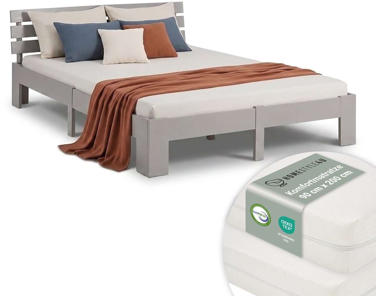 Homestyle4u Tweepersoonsbed - 180x200 cm - Bed met Matrassen en Lattenbodem - Grijs