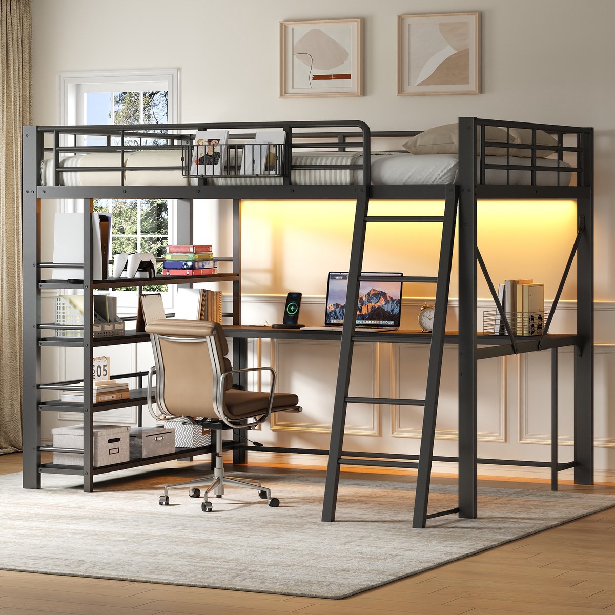 Sweiko Hoogslaper - 140 x 200 cm - Metalen bed - Met bureau - Opbergplanken - LED-verlichting - Oplaadpoorten - Zwart