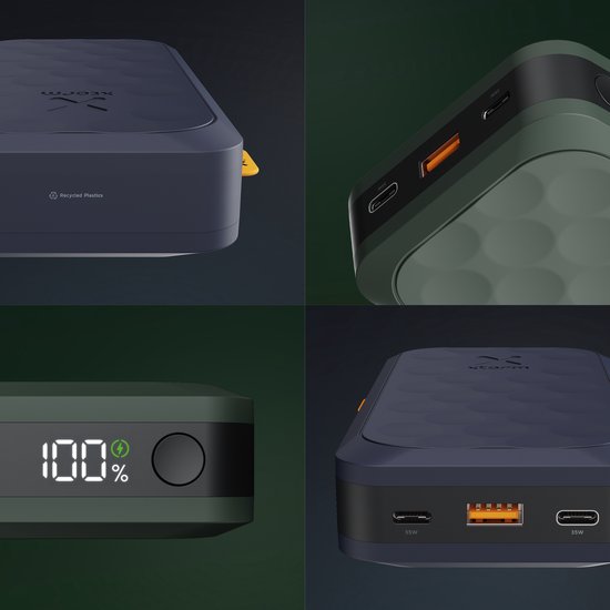 Close-up van Xtorm powerbanks in groen en donkergrijs. Links: "Recycled Plastics". Rechts: poorten en digitaal display.