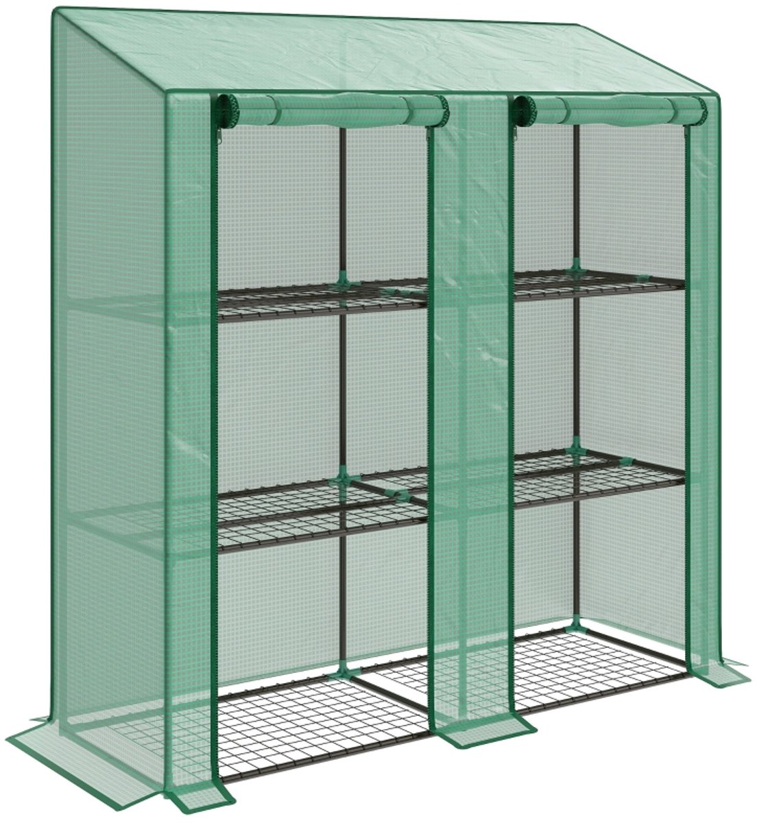 Mini Kas met 2 Roldeuren - Tuinkas - 3 etages - 6 Draadplanken - Foliekas - Plantenkas - 143x46x151 cm - Groen