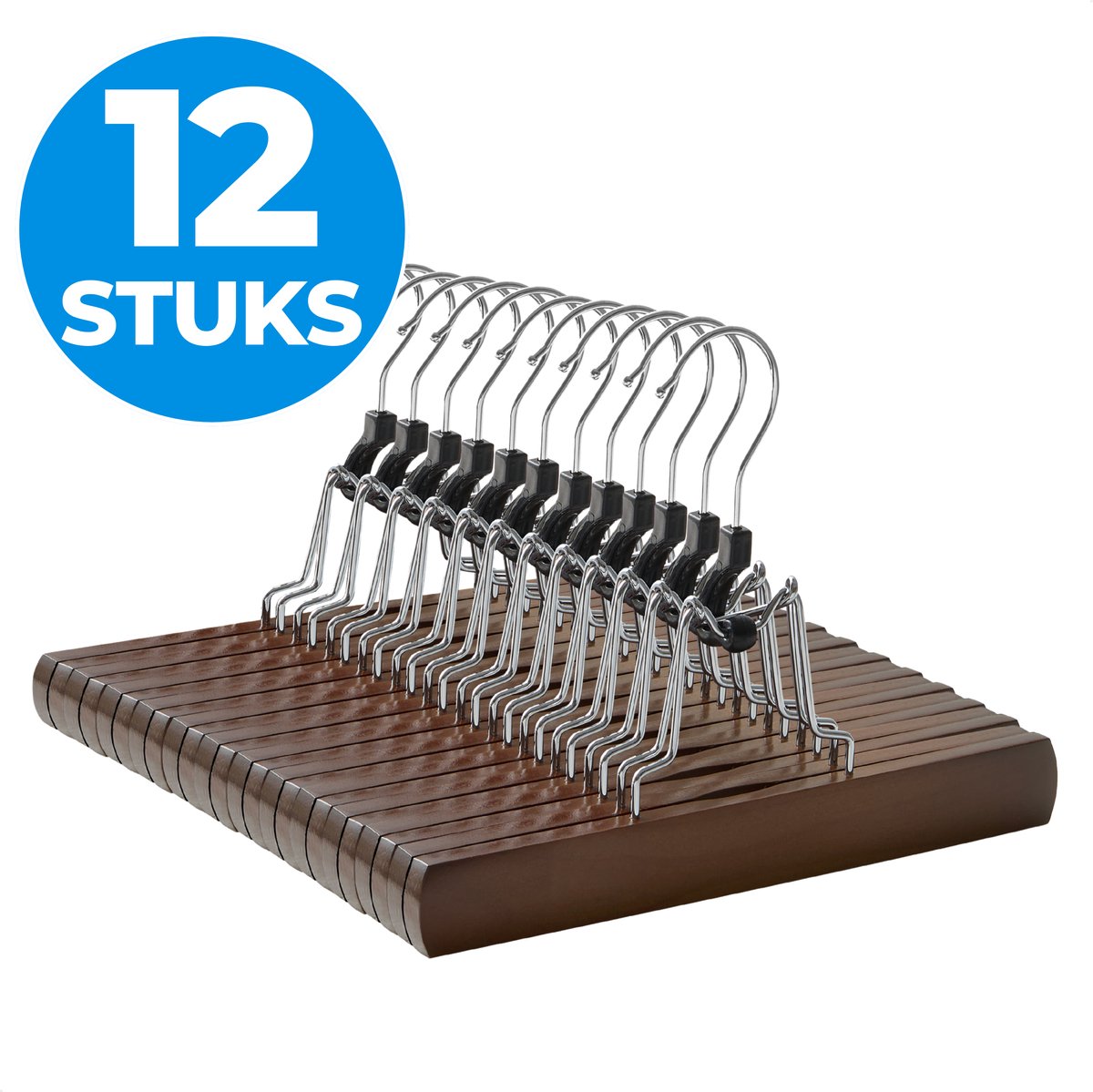 ACAZA Kledinghangers - Broekhanger - 12 Stuks - Anti Slip - 100% FSC-Gekeurd Duurzaam Hout - Walnootbruin