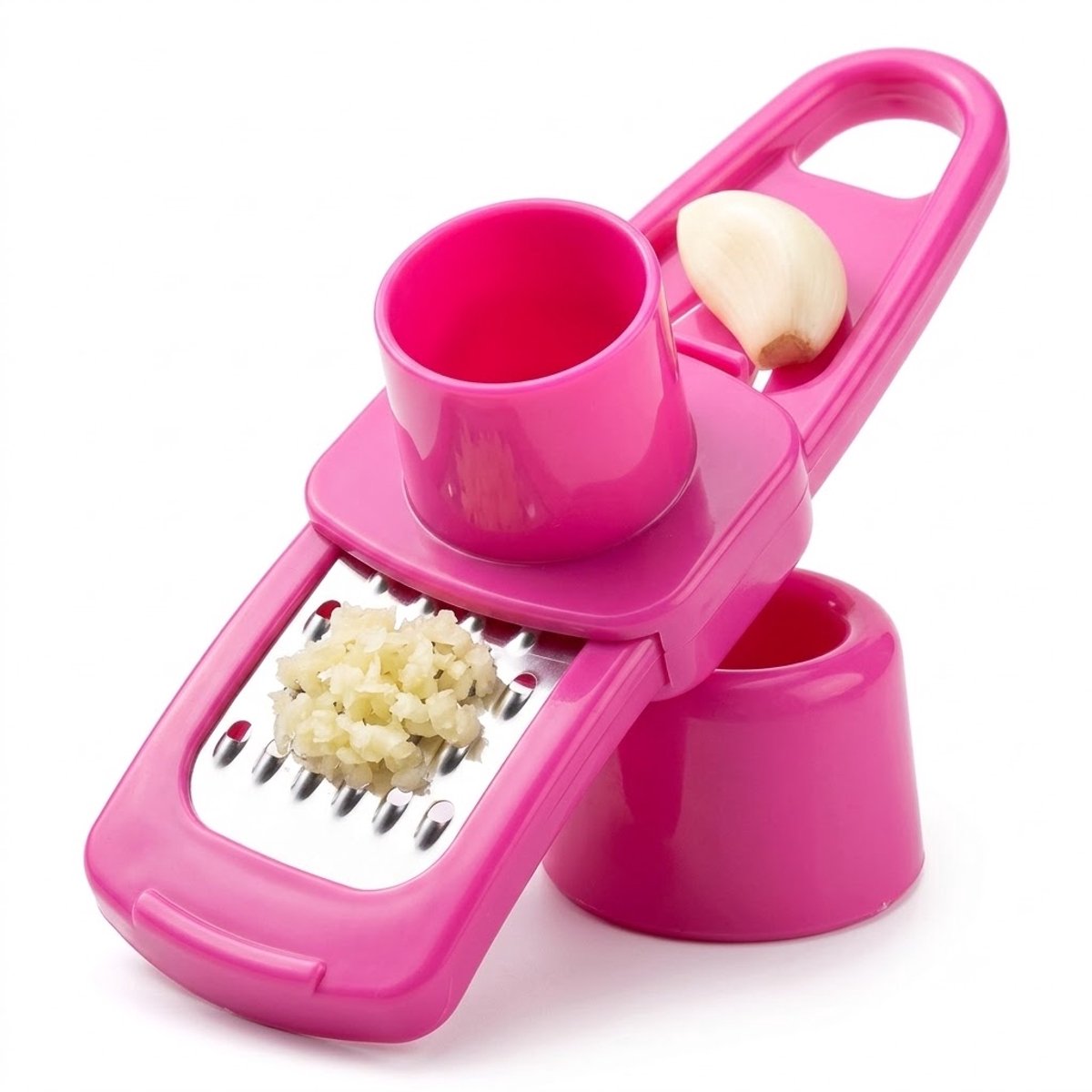 Roze knoflookpers handmatig met rasp van roestvrij staal – knoflookpers voor knoflook en gember – compacte multifunctionele keuken rasp – eenvoudig schoon te maken – kunststof keuken hulpmiddel