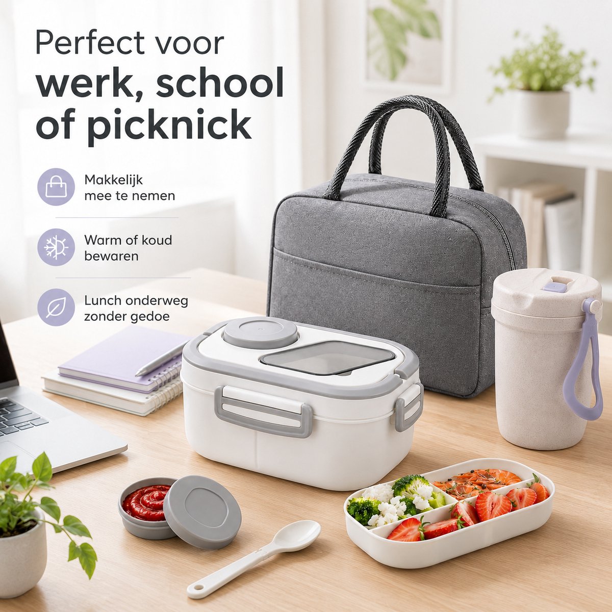 Bobypet - Lunchbox Set met Geïsoleerde Lunchtas- 1200ml - 2-Laags Stapelbare Broodtrommel met Vakjes - Lekvrij en BPA-Vrij - Inclusief Bestek, Sausbakje en Waterbeker - Geschikt voor Magnetron -Wit — cadeau in Koken & Dineren - foto 5