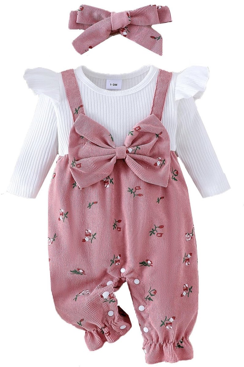 Solidchoice - Lange Mouwen Bloemenprint Romper voor Babymeisjes met Haarband