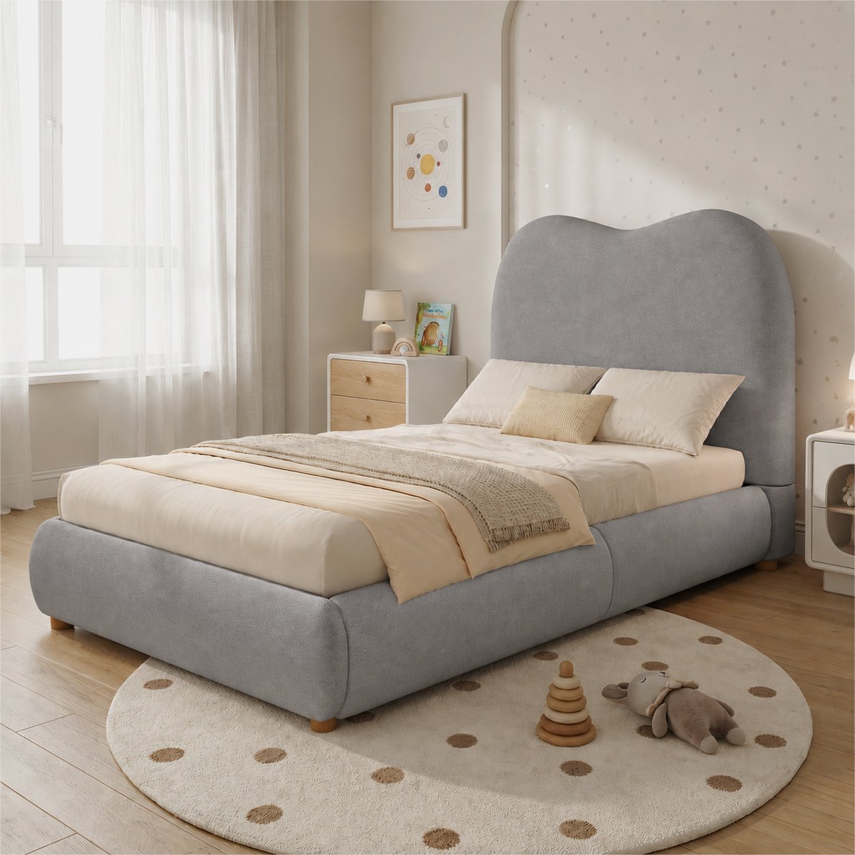 Eenpersoons Bed 90 x 200 cm Zonder Matras - Gestoffeerd Kinderbed Met Opbergruimte En Lattenbodem - Grijs Stof