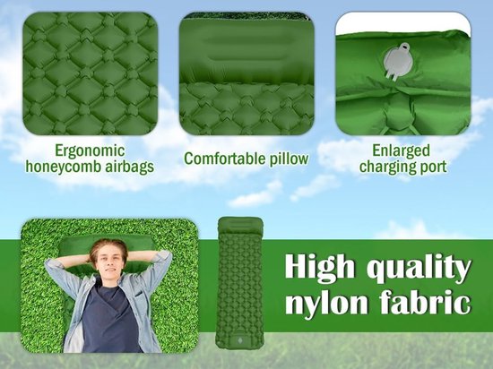 Opblaasbare Slaapmat - Kampeer Matras - Buiten Activiteiten - Geïntegreerde Voetpomp - 190x60cm - Groen — afbeelding 2