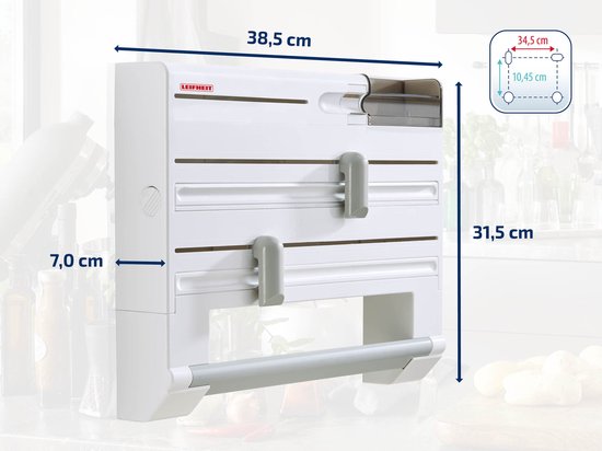 Porte-rouleaux de cuisine blanc Leifheit avec dimensions.