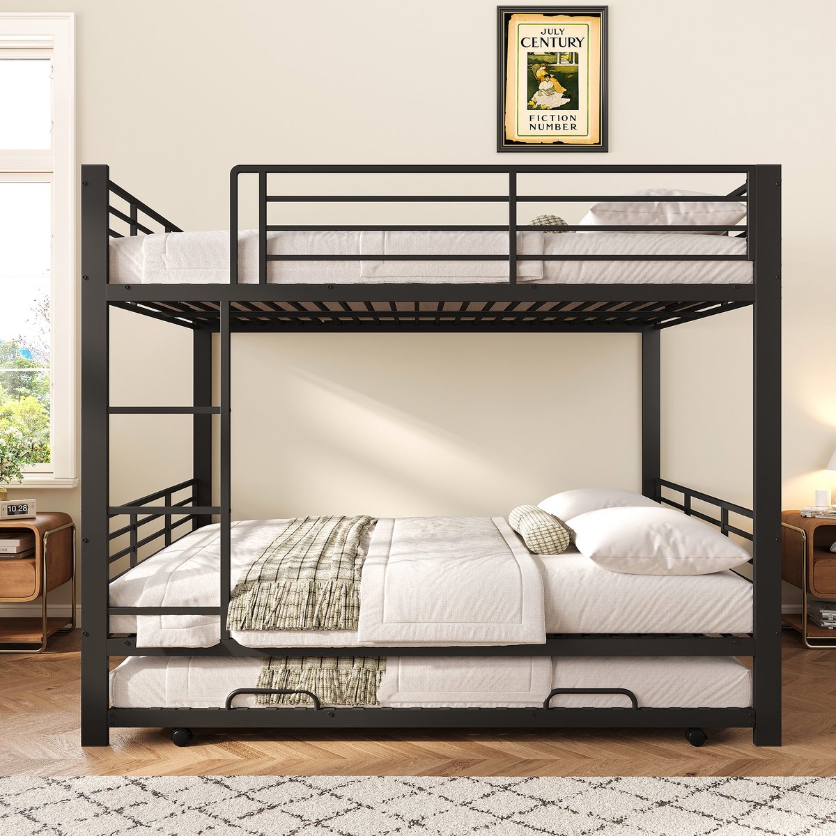 Stapelbed 140x200cm Zonder Matras Met Uitziehbed En Ladder Met Uitvalbeveiliging Voor Kinderkamer En Logeerkamer Metaal Zwart