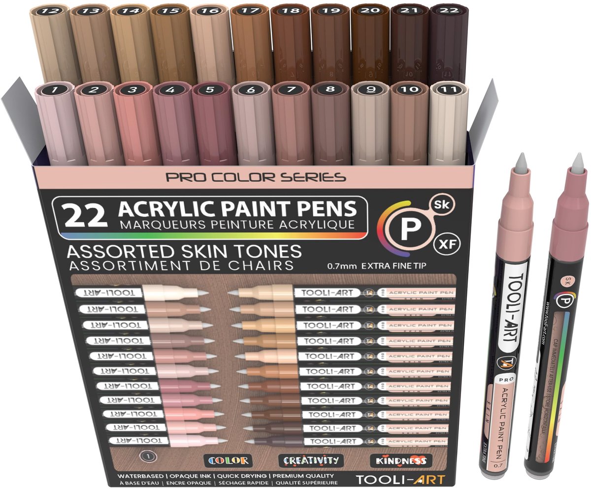 Acrylmarkers Huidtinten 22 Kleuren – Extra Fijne Punt 0,7 mm – Sneldrogend – Voor Glas, Hout, Steen & Keramiek