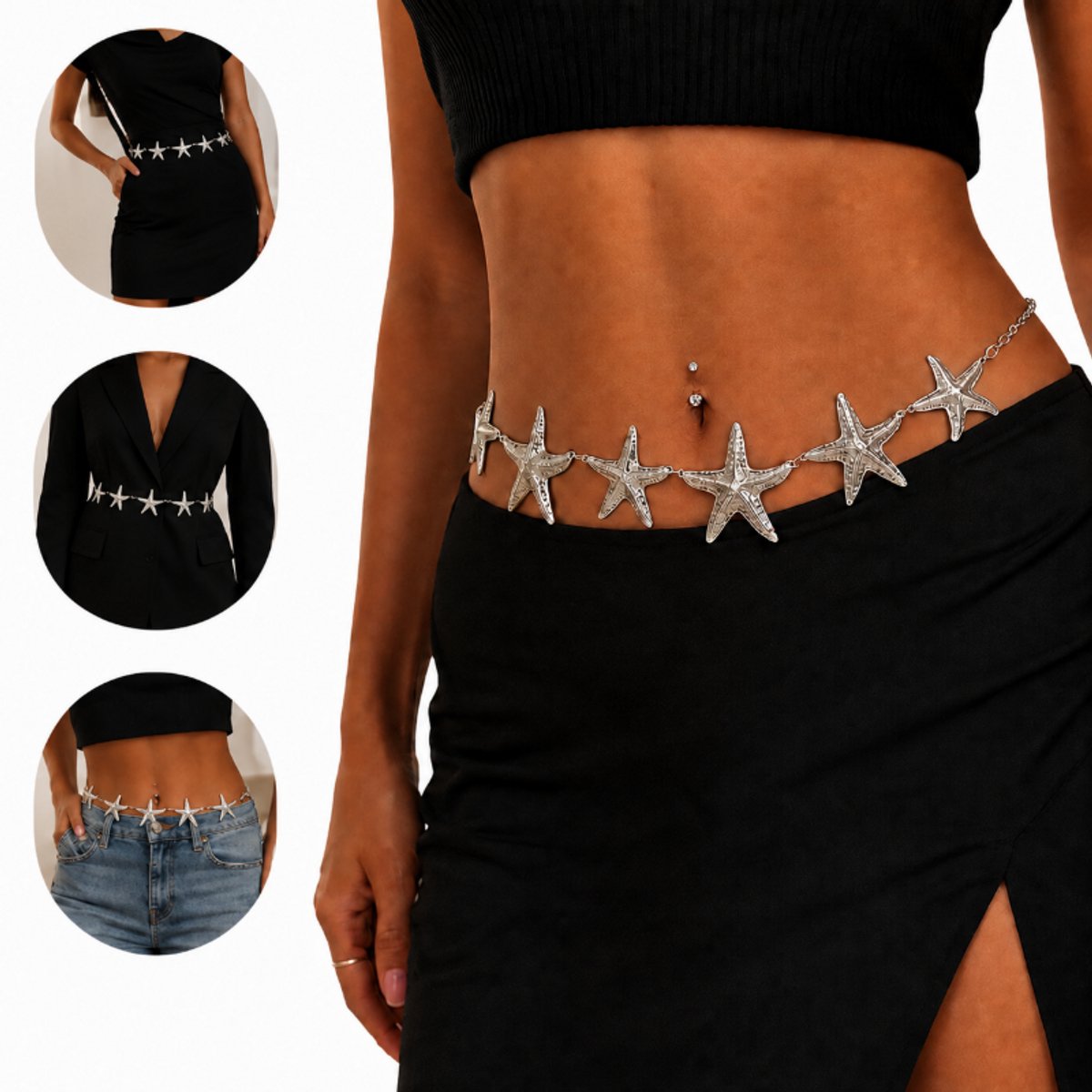 Fashion Riem Dames - Metalen Ketting Riem met Zeester - Tailleketting voor Jurken en Jeans - Verstelbare Heupketting - Elegant Accessoire -Zilverkleurige Heupketting