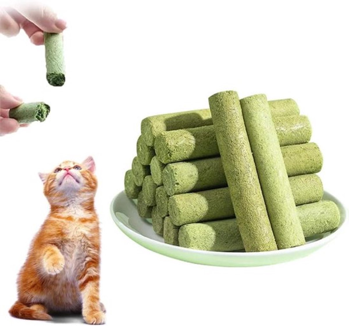 Snacks voor katten - Kattengras - Gevriesdroogde kattensnack voor tandreiniging - 50 g - Reinigen tanden - Geschikt voor katten - 10 stuks - Groen