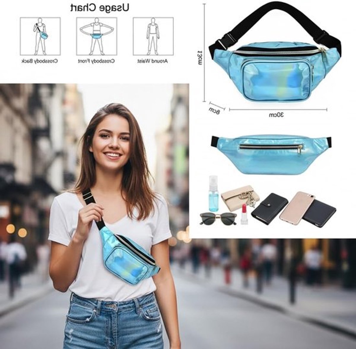 Modieuze heuptas voor dames en heren, ideaal voor sport, reizen en casual gebruik, blauw, 30.0 x 8 x 13.0