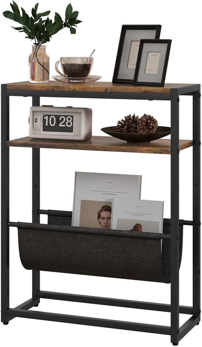 Bijzettafel – smalle salontafel 43 x 18 x 56 cm – drie planken – V-vormige tijdschriftenhouder – geschikt voor de woonkamer, slaapkamer en kleine ruimtes – bruin