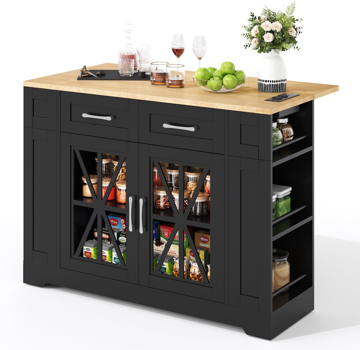 Keukentrolley - met mobiel ontwerp en inklapbaar werkblad - zwart en naturel - afmetingen 120 x 65 x 92 cm - voor een praktische keuken