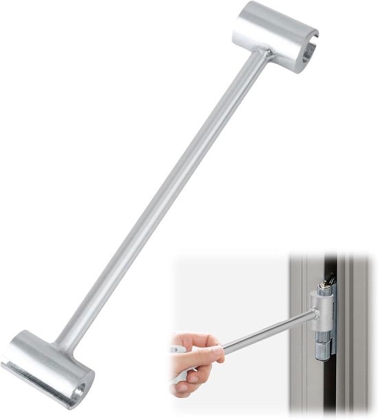 Verstelbare scharniersleutel van zilverkleurig metaal met een lange steel. Inzet toont gebruik.