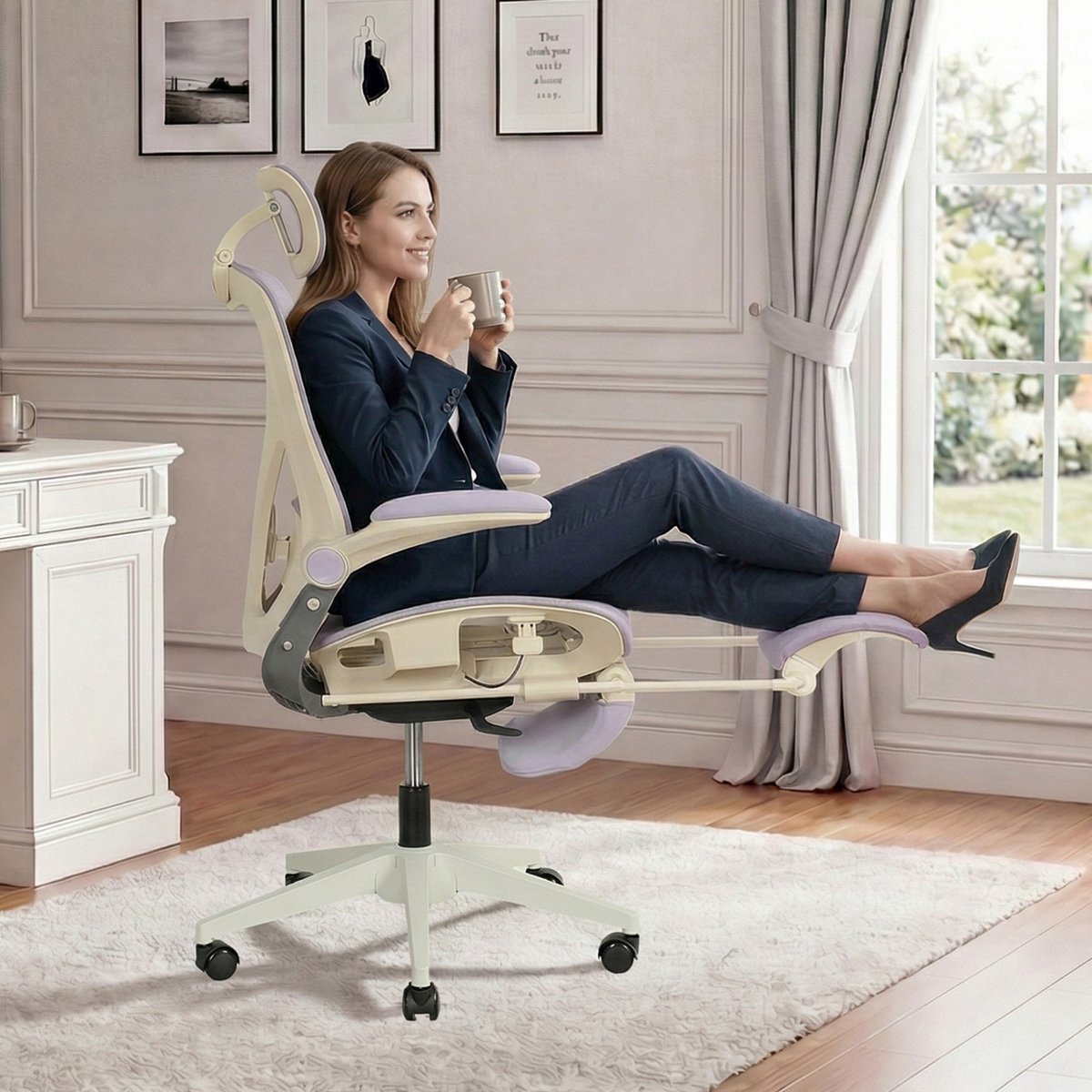 MIVRAY Bureaustoel 67 Cm - Ergonomisch Klapbaar Met 3D Hoofdsteun En Lendensteun - Voor Werk Studie En Gaming - Gaas Paars