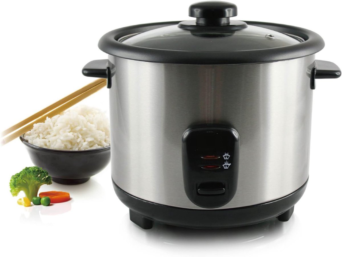 QUOVO® Rijstkoker Klein - Rijstkoker Met Stomer – Rijstkokers - Stoomkoker Met Warmhoudfunctie – Stoompan - Incl. Rijstlepel + Maatbeker En Beschermkoker - Zilver - 26cm x 26cm x 25cm